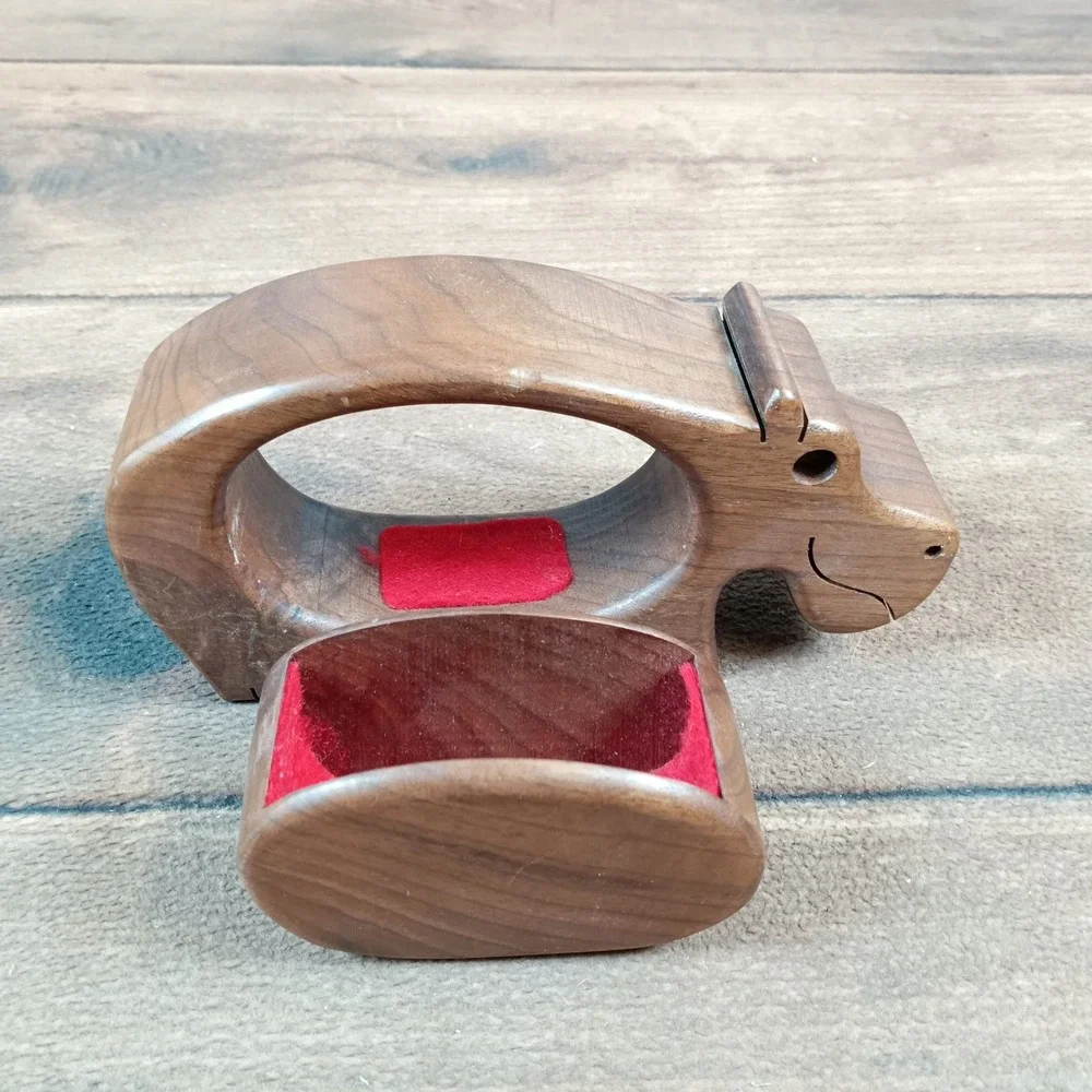 Hippo Puzzle Trinket Box Brown Good Hand Carved Wood MCM